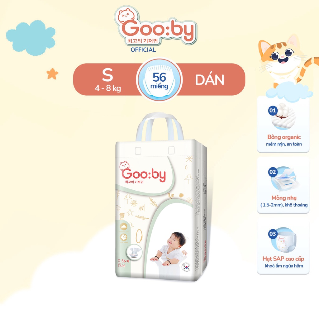 Tã/bỉm dán Gooby mềm mại, an toàn, siêu thấm hút size NB/S/M cho bé từ 4kg - 14kg