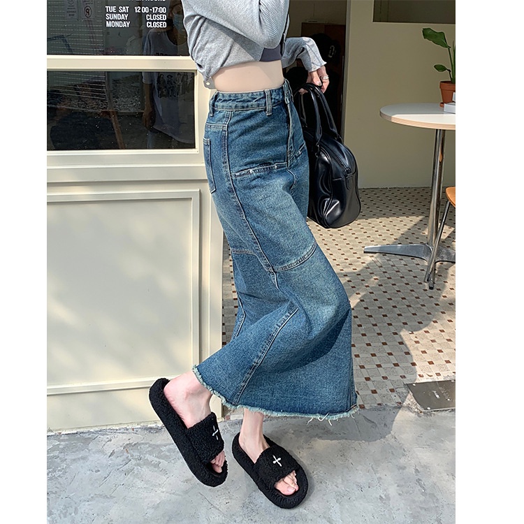 Chân váy bò dáng dài EMIX, denim, đuôi cá, dáng ôm, phối bèo dài cv6857/P1K12