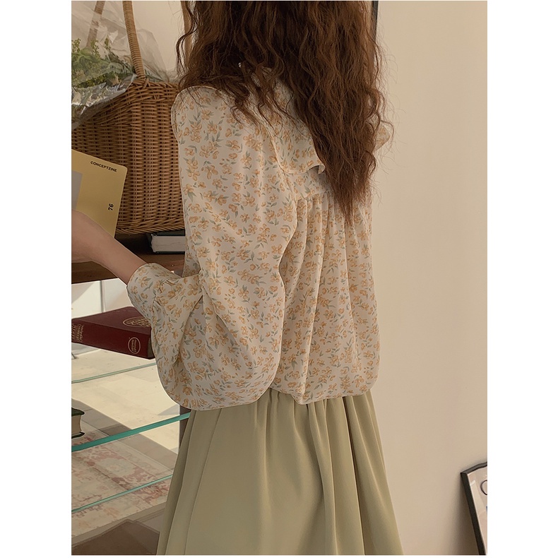 Áo sơ mi SUXI tay dài dáng rộng cổ búp bê in hoa thời trang cho nữ