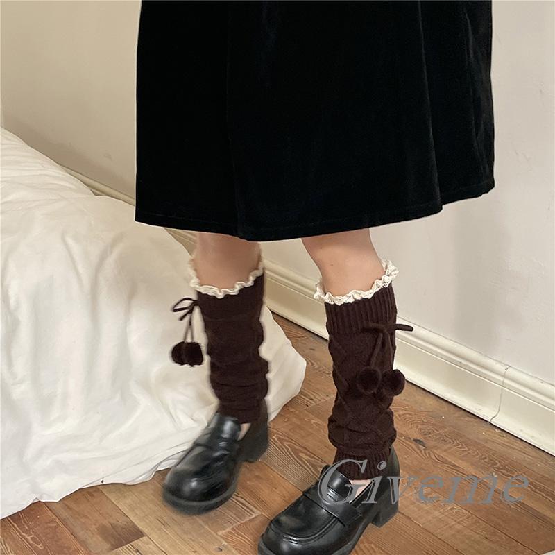 Vớ Ống Chân Dệt Kim Giữ Ấm Phối Ren Và Bóng Lông Thời Trang Đường Phố Cho Nữ