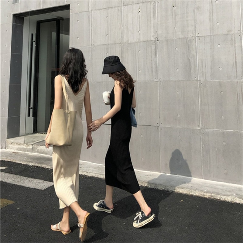PunkyRabbit Đầm Nữ Không Tay Màu Tinh Khiết Cổ V Sườn Đan Thoáng Khí Thời Trang Cho Quý Cô