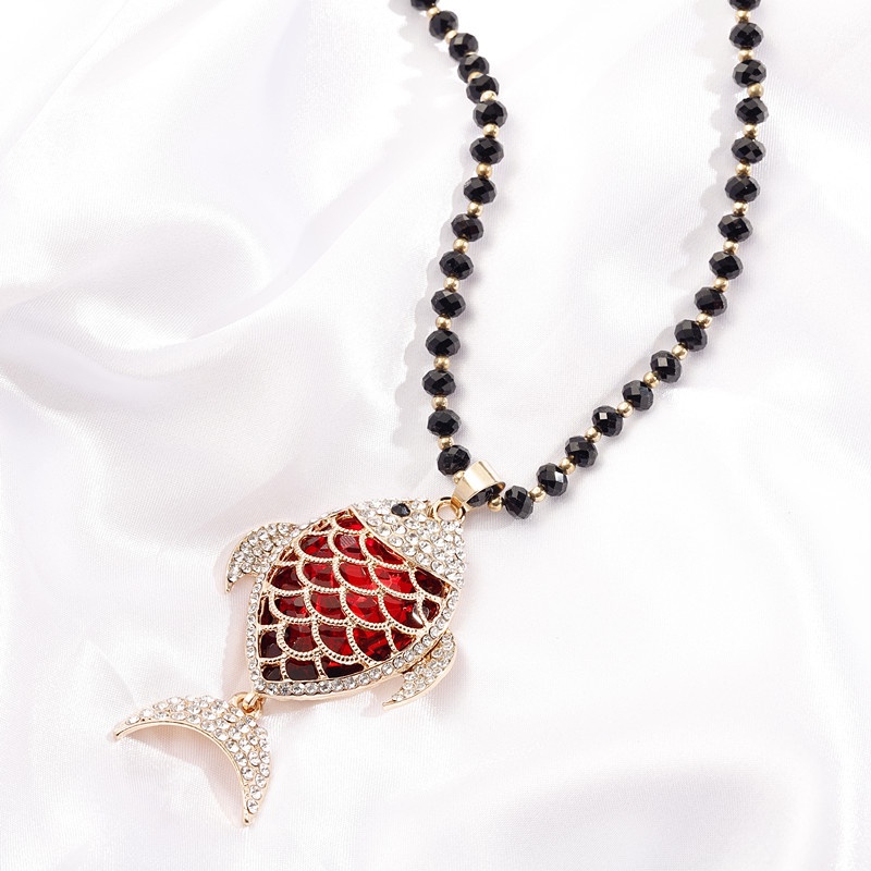 Vòng cổ Dài Mặt Hình Cá Đính Đá Pha Lê Xanh Đỏ Cho Nữ