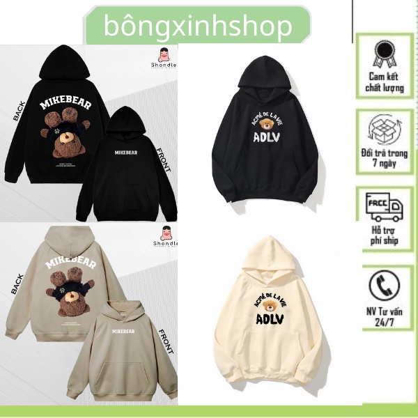 ⭐XẢ⭐Áo Hoodie trơn ADLV, Mikenco MikeBear Gấu Ngược chất nỉ bông không xù siêu ấm