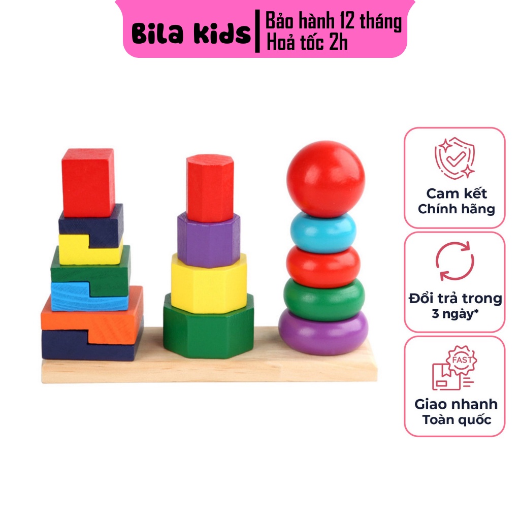 Bộ giáo cụ Montessori xếp trụ 3 cọc cho bé BILA KIDS - Đồ chơi gỗ tháp cầu vồng