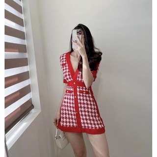 Hình Chụp Thật (Sau) - Đầm Dạ Caro Dày Dặn Cổ Chữ V Siêu Tôn V1 Siêu Sang Chảnh (CÓ ĐỆM VAI, HÀNG 2 LỚP)
