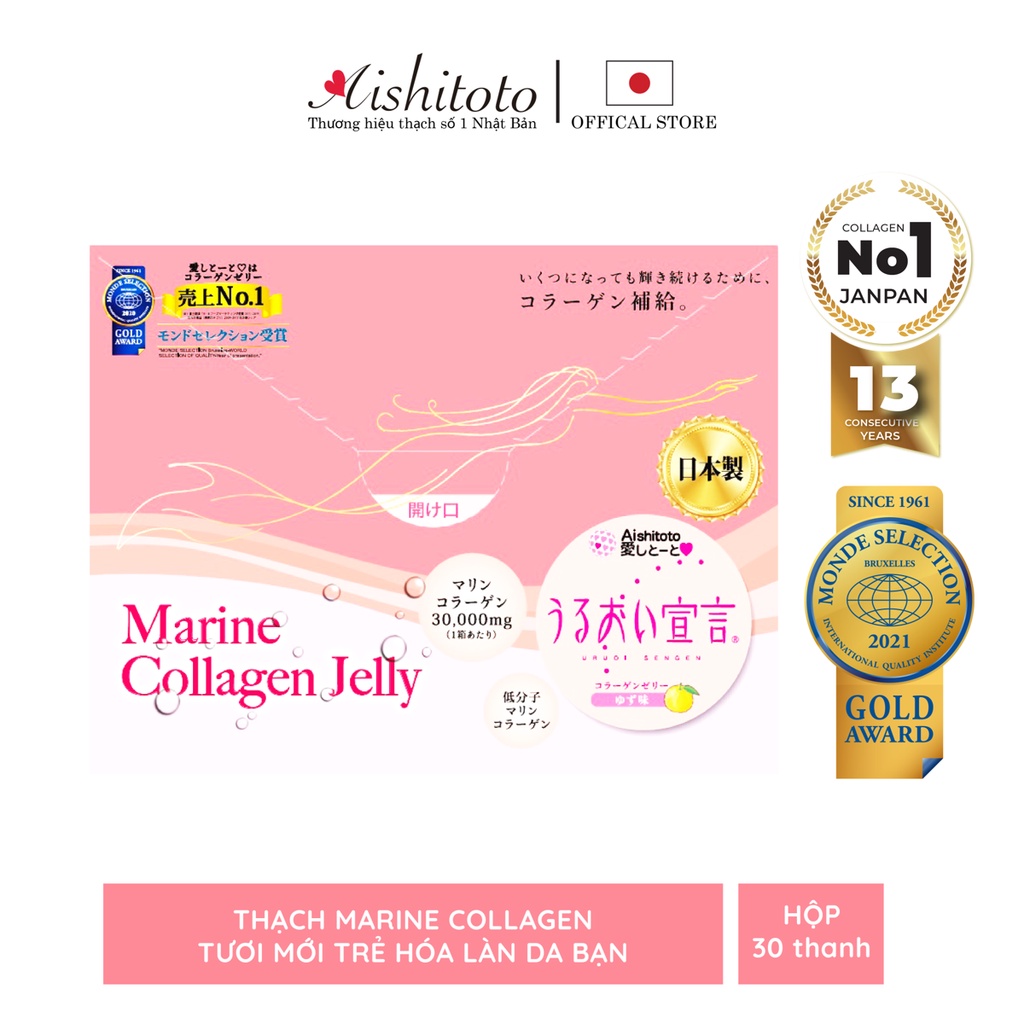 Thạch collagen Nhật Aishitoto Marine Collagen Jelly vị chanh Yuzu hỗ trợ làm đẹp da, tăng cường độ đàn hồi da 30.000 mg