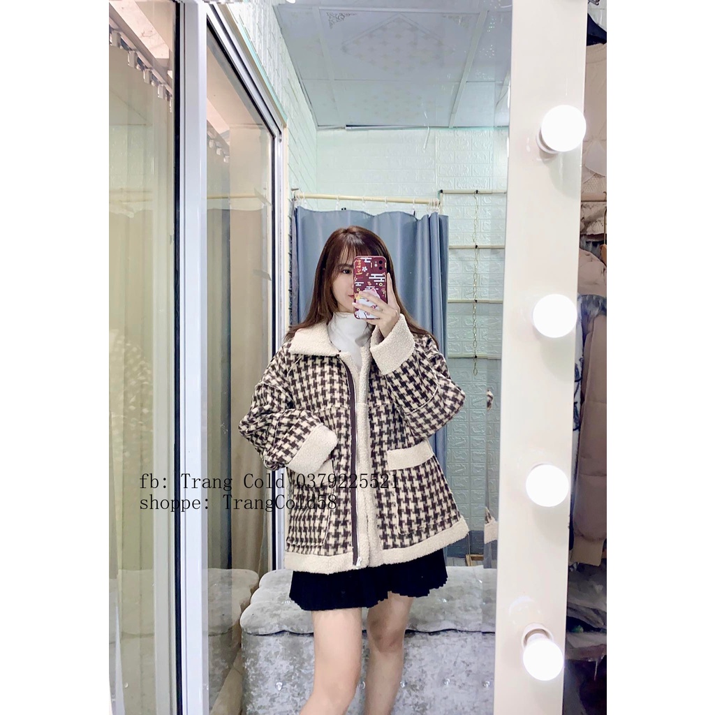 Áo Khoác Dạ Kẻ Phối Lông Cừu (Ảnh thật shop tự chụp )