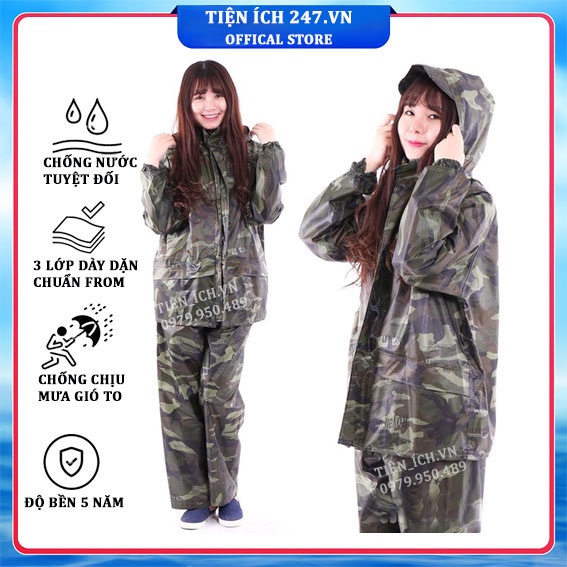 Bộ Áo Mưa Vải Dù Cao Cấp VNXK Họa Tiết Rằn Ri Đủ sz từ 45-90kg Chống Thấm Chống Rách
