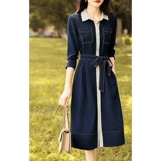 Đầm Jeans Nữ Cổ Sơ Mi Dáng Suông ,Váy Denim Xòe Phối Viền Tay Lỡ Có Túi Hông Kèm Dây Thắt Eo Rời Size M L XL