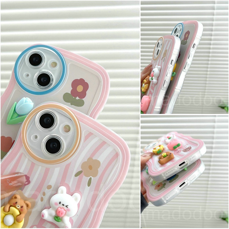 OPPO A17 A77S A76 A96 A54 4G 5G A16 A16S A74 A95 A94 A93 A55 A53 A33 2020 A52 A72 A92 A15S A15S A31 A1K A12E A3S A9 A5 A7 A5S A12 A11K A57 2022 A83 A71 2018 A59 F11 Pro F9 F7 F1S F5 Youth Cute Cartoon Bear Rabbit Flowers Tulip Waves Edge Phone Case BW 15