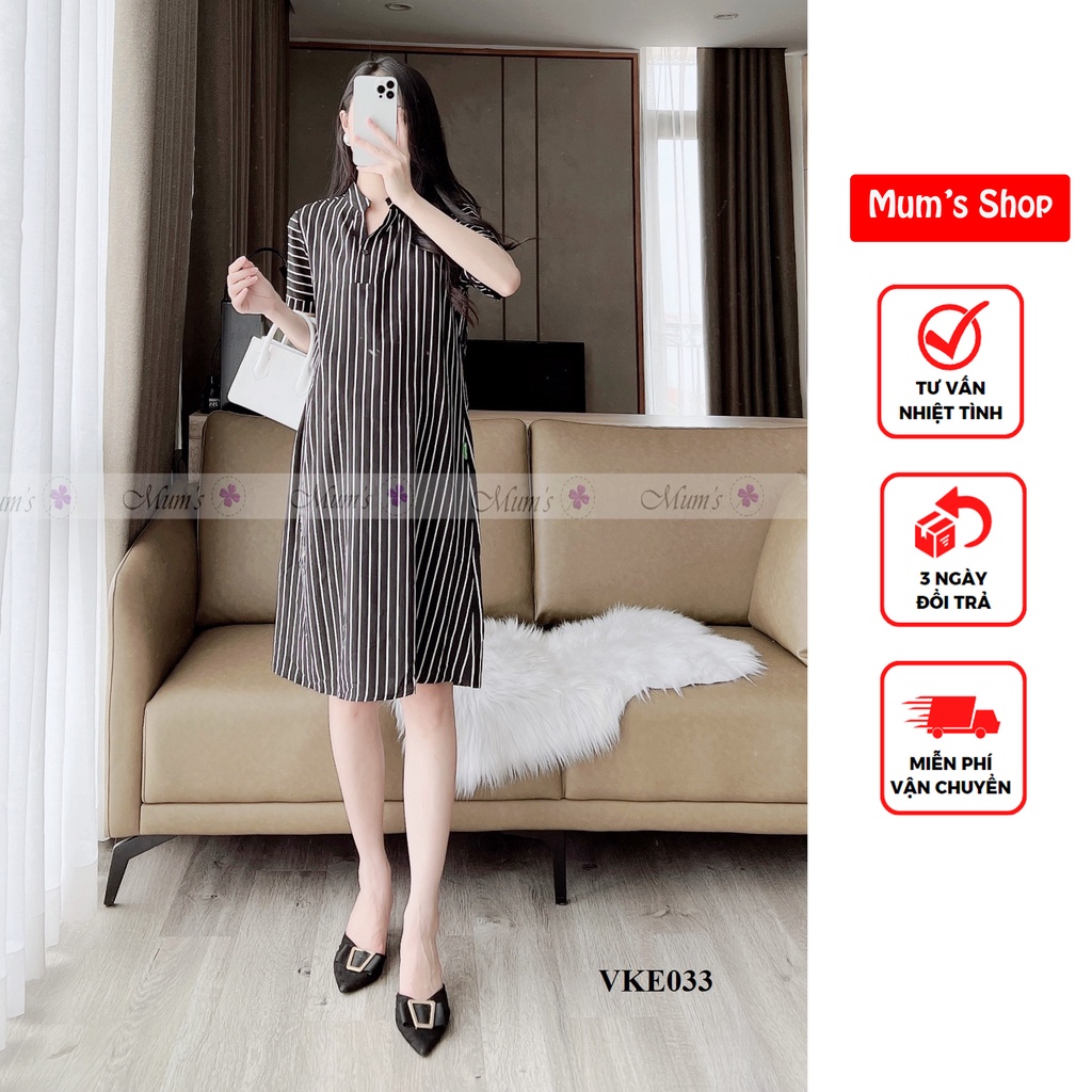 ĐẦM BẦU 🚛FREESHIP🚛 Váy voan kẻ sọc đen cổ tàu