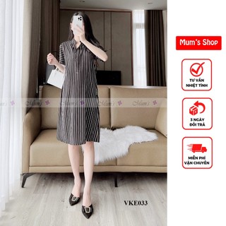 Đầm bầu 🚛freeship🚛 váy voan kẻ sọc đen cổ tàu