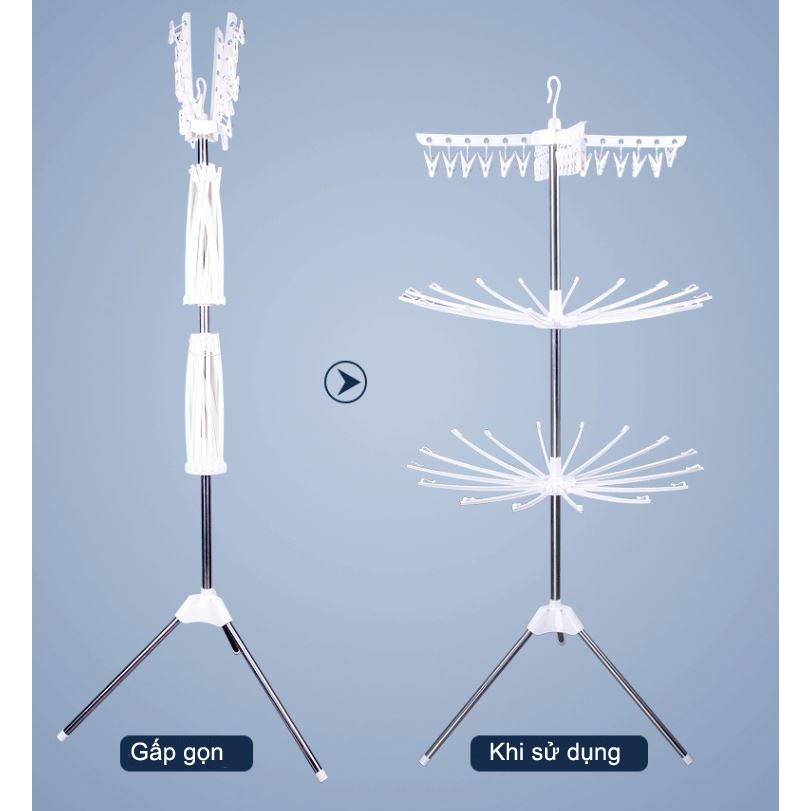 Cây sào phơi đồ xoay 360 độ inox thông minh gấp gọn đa năng 3 tầng, treo đồ cho trẻ em, bé sơ sinh
