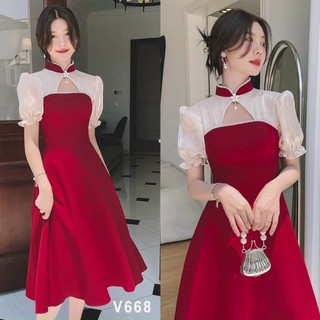 Đầm Váy Nữ Chất Vải UMI Phối Voan Tơ Cổ Đính Cườm ( Có Mút Ngực ) Thiết Kế Sang Chảnh Đi Làm Công Sở, Dạ Hội Và Du Lịch
