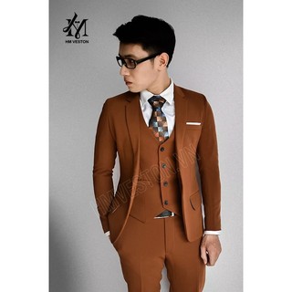 Bộ vest nam màu đồng đậm form ôm body (áo vest + áo gile + quần + cà vạt nơ đen)