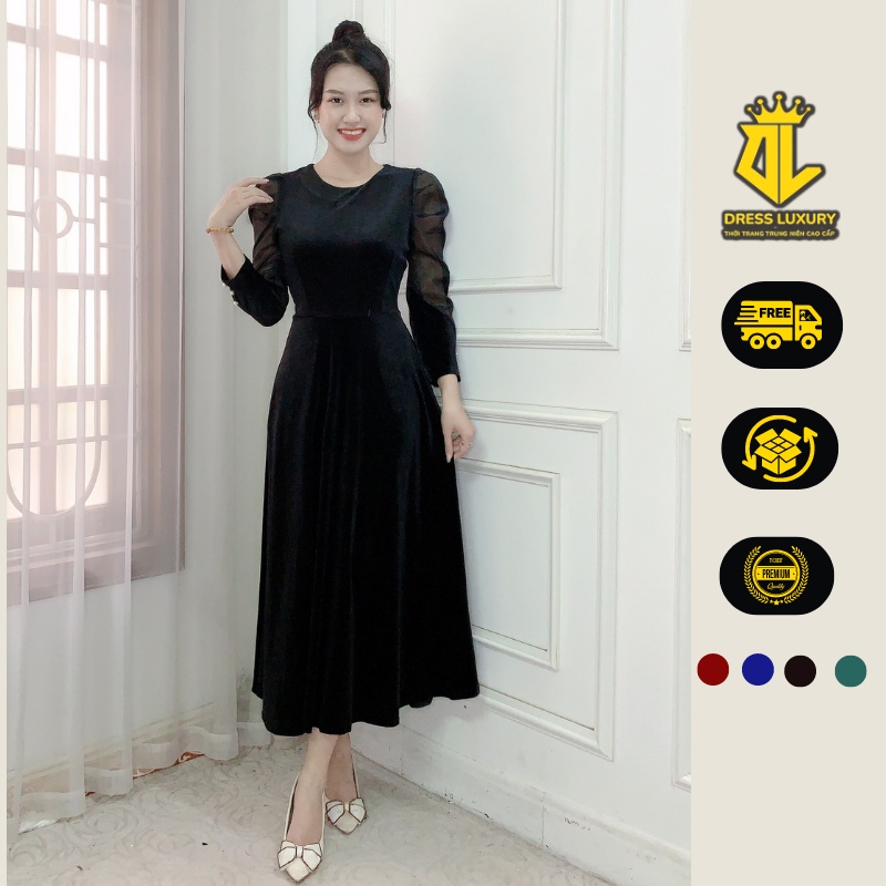 Đầm váy trung niên cho mẹ DRESS LUXURY NX dáng chữ A tay lỡ phối ren, cổ tròn, vải nhung cao cấp sang trọng đi tiệc