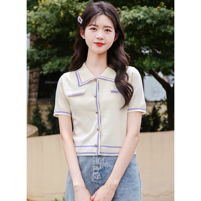 Áo cardigan Dệt Kim Ngắn Tay Phối Màu Tương Phản Thời Trang Hàn Quốc Cho Nữ