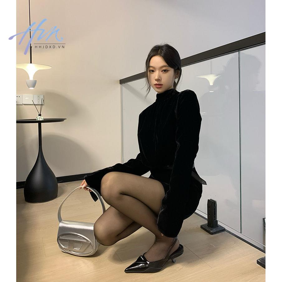 Đầm Nhung Đen Tay Dài Cổ Cao Thời Trang Thu Đông Dành Cho Nữ