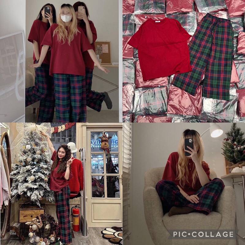 Set áo phông quần caro đỏ gam màu Giáng Sinh (Ảnh thật)