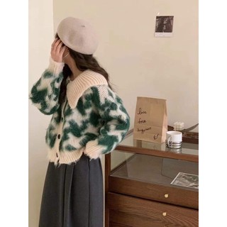 Áo len lông loang cổ bẻ cúc đen 2979