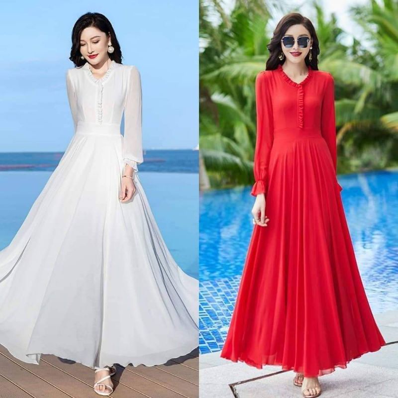ĐẦM MAXI XÒE CỔ BÈO VIỀN 2096