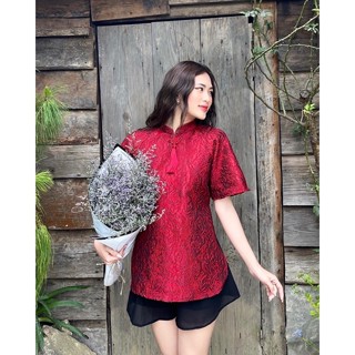 Set áo cổ tàu gấm đỏ/trắng kèm quần short lưng chun_ORIMI