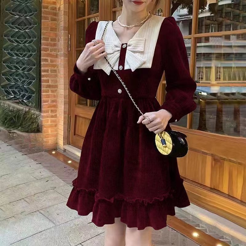 Đầm Ngắn Màu Đen Đính Nơ Phong Cách retro Pháp Thời Trang Thu Đông Cho Nữ