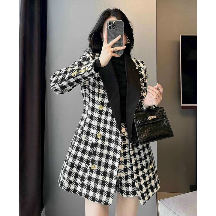 GKM_FREESHIP Sét Bộ Đồ Nữ 2 Món Chất Vải For Hoạ Tiết Kẻ Caro Cổ Vest Dài Tay Kèm Quần Short Thiết Kế giản đơn LUNA DSS