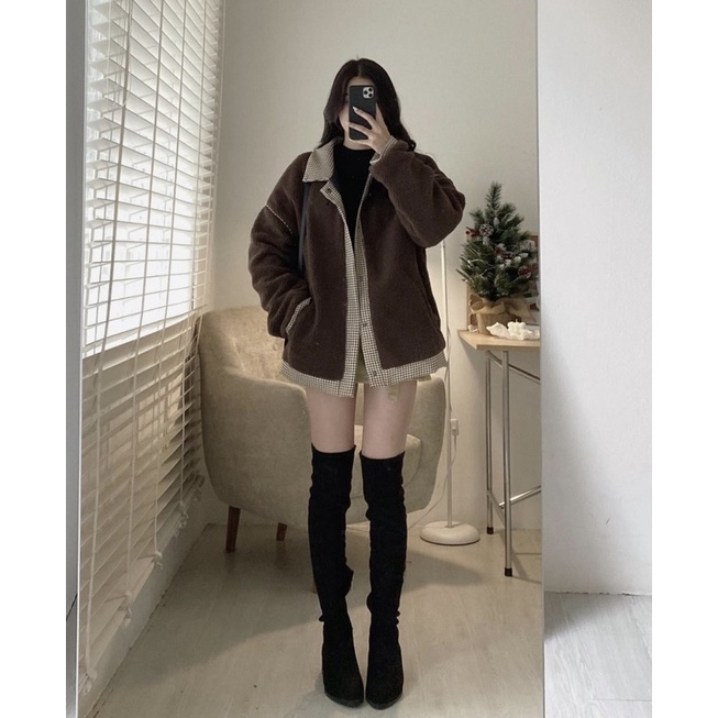 ÁO KHOÁC LÔNG CỪU NÂU ĐẬM PHỐI KẺ CARO SIÊU XINH