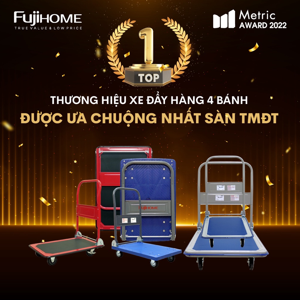 Xe đẩy hàng 4 bánh gập gọn 300kg Nhập Khẩu Nhật Bản Fujihome bánh cao su siêu bền