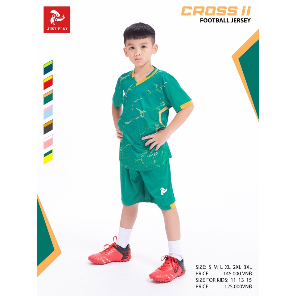 Quần áo đá banh trẻ em không logo Just Play Cross 2 màu xanh lý CÓ IN TÊN SỐ
