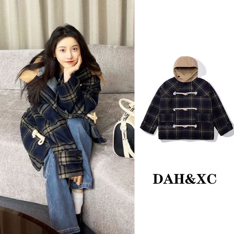 Áo khoác dạ khuy sừng Hoạ tiết kẻ phối Mũ nâu S/M/L/XL/2XL phong cách Ullzang