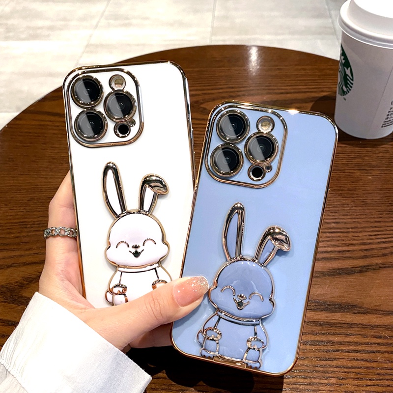 Ốp Điện Thoại iPhone 14 13 12 11 Pro max 14 plus case ốp lưng iphone 14 13 12 11 promax Dẻo Tráng Gương Họa Tiết Hoạt Hình Chú Thỏ Kèm Giá Đỡ Chống Sốc Sang Trọng Cho iP 14 plus 11 12 13 14 Pro max