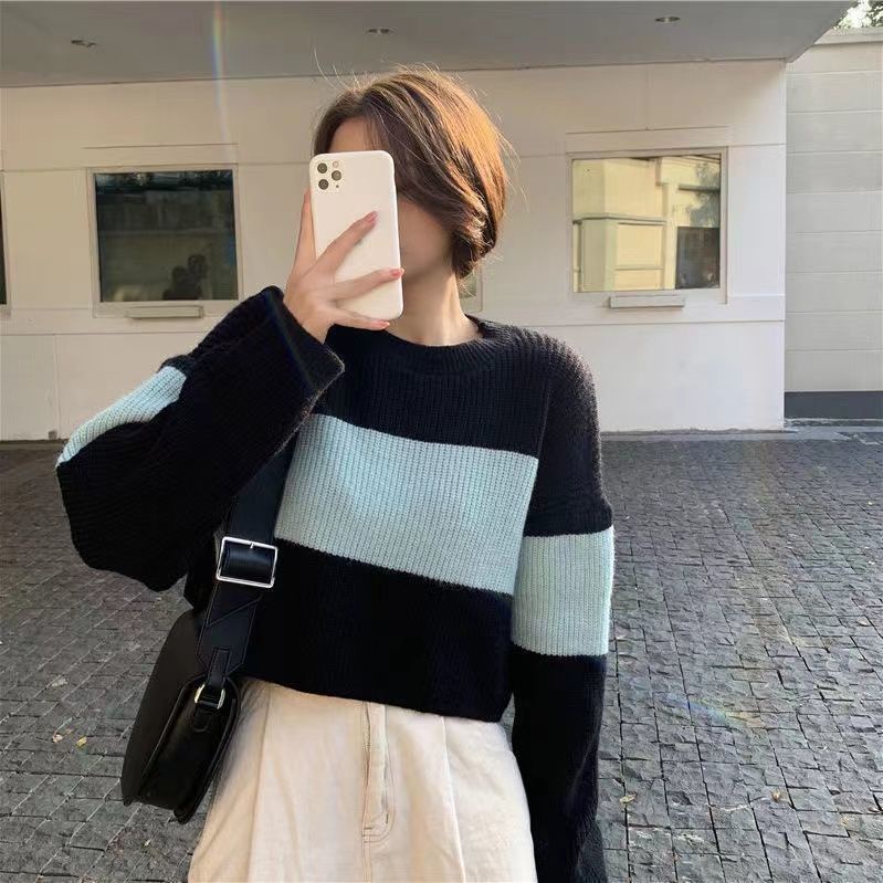 Áo Sweater Dệt Kim Dáng Rộng Ngắn Kẻ Sọc Màu Sắc Tương Phản Kiểu Vintage Nhật Bản