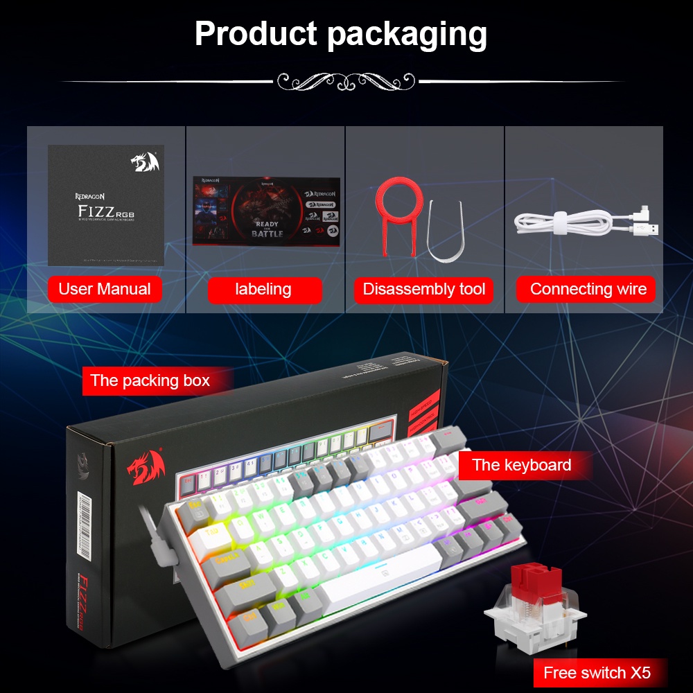 Bàn phím cơ Game Redragon Fizz K617RGB-PW Mini Kèm Dây Cáp 61 Có Thể Tháo Rời
