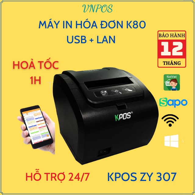 Máy in hoá đơn K80 Zy307 USB LAN WIFI in bill tính tiền POS từ các phần mềm bán hàng khổ giấy 80mm