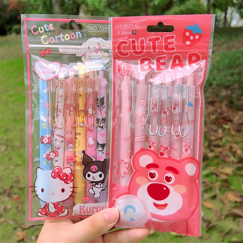 SANRIO Set 6 Bút Mực gel Ngòi 0.5mm Vỏ Kim Loại Họa Tiết Trái Tim Xinh Xắn