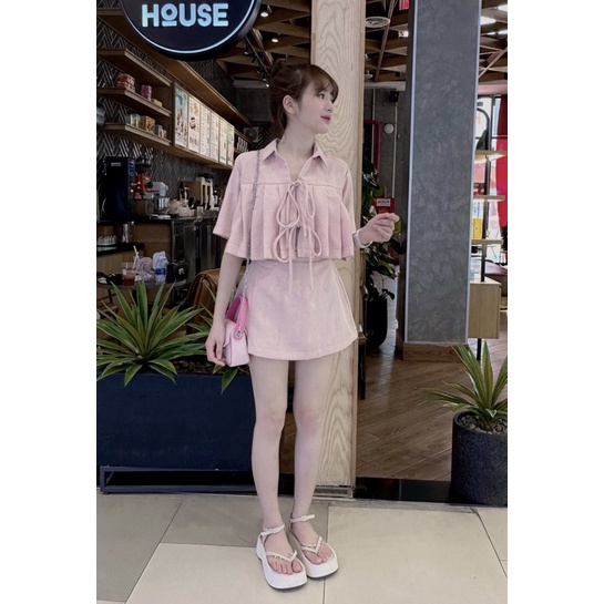 Set nude áo xếp li cột nơ + cv