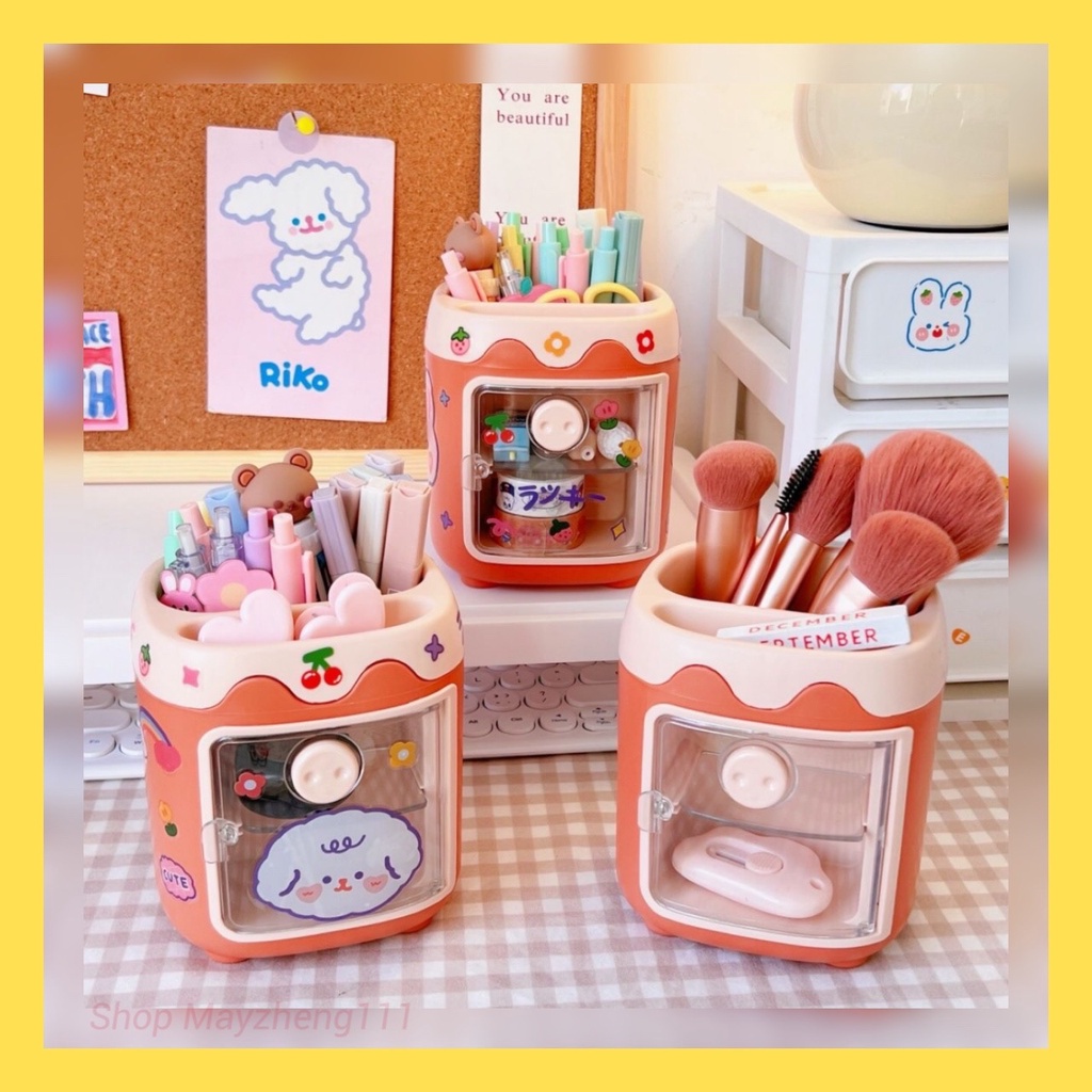Ống đựng bút/ lọ cắm bút hoặc cọ trang điểm hình dán mũi heo cute tặng luôn hình dán sticker