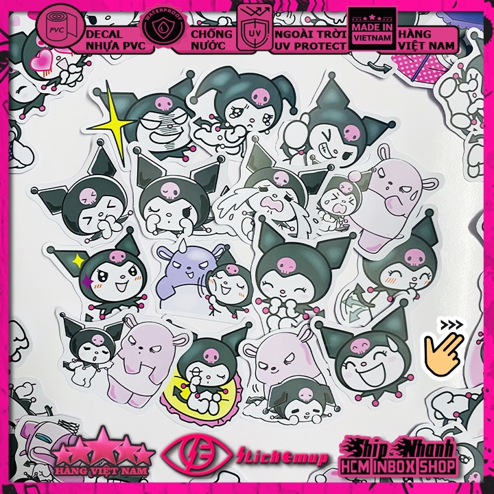 Sticker Hình dán chủ đề Kuromi - Hàng VN, chất liệu decal nhựa pvc, không thấm nước, dán xe, nón bh, vali