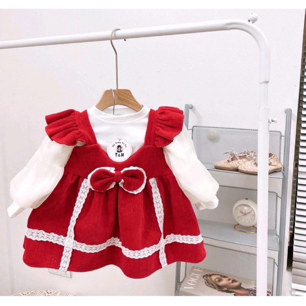 Set váy nhung tay bồng cao cấp cho bé gái 10-22kg mặc đi chơi, đi học