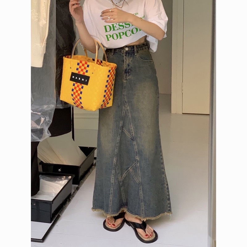 Chân Váy Bò Dài Denim Rêu Rách Gấu Xẻ Tà Sau Phong Cách Retro Hàn Quốc Y2K
