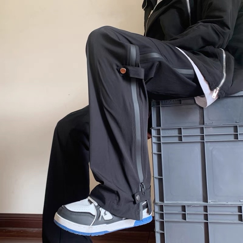 Quần gió ống suông nam nữ zipper vải dù có khuy bấm streetwear Quixotic