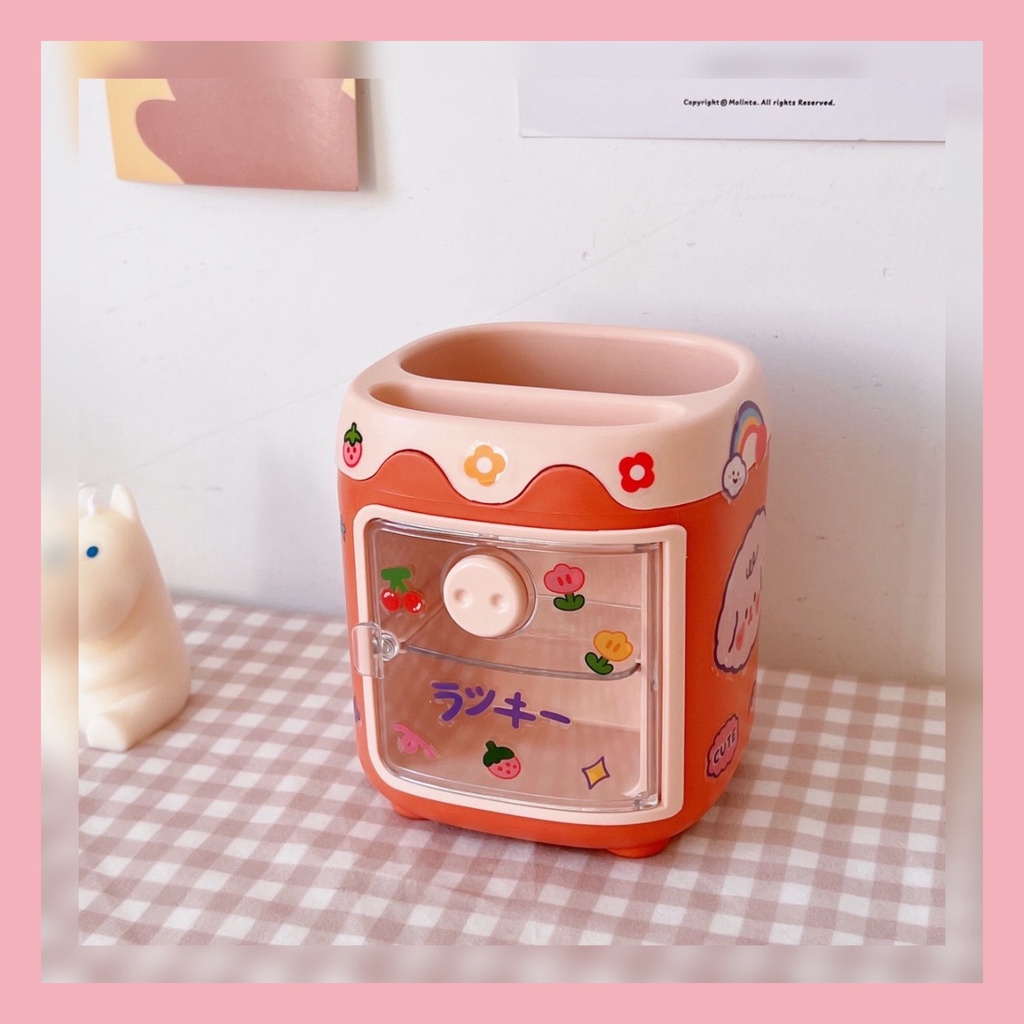 Ống đựng bút/ lọ cắm bút hoặc cọ trang điểm hình dán mũi heo cute tặng luôn hình dán sticker