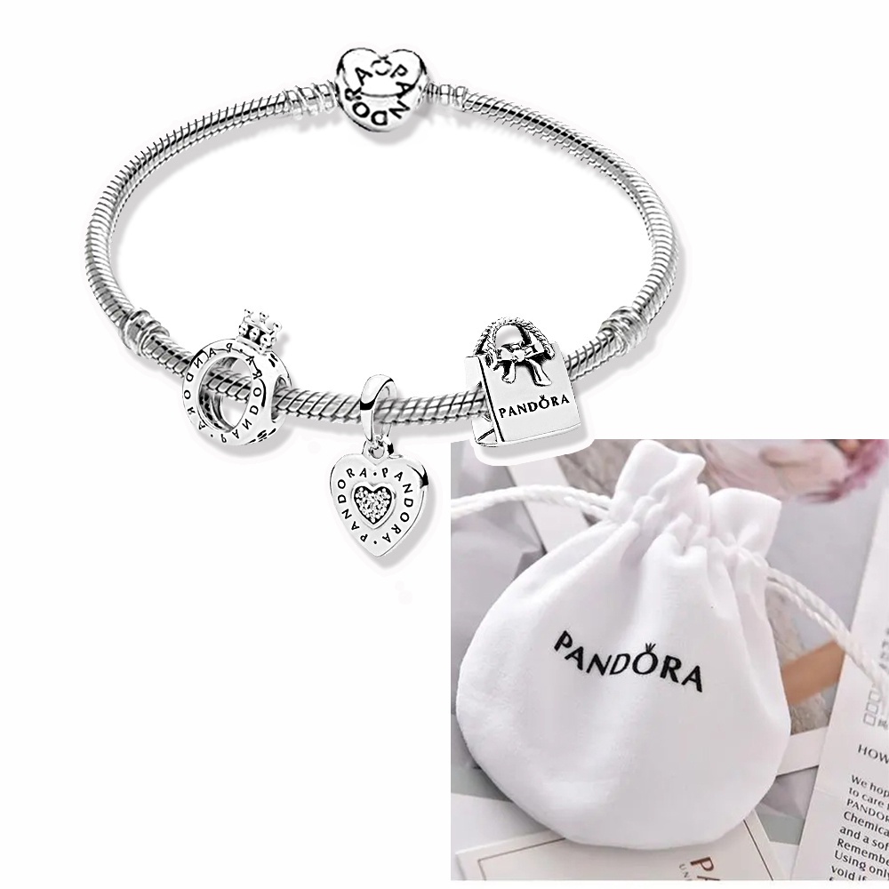 Pandora Vòng Tay Mạ Bạc 925 Đính Hạt Kèm Túi Đựng