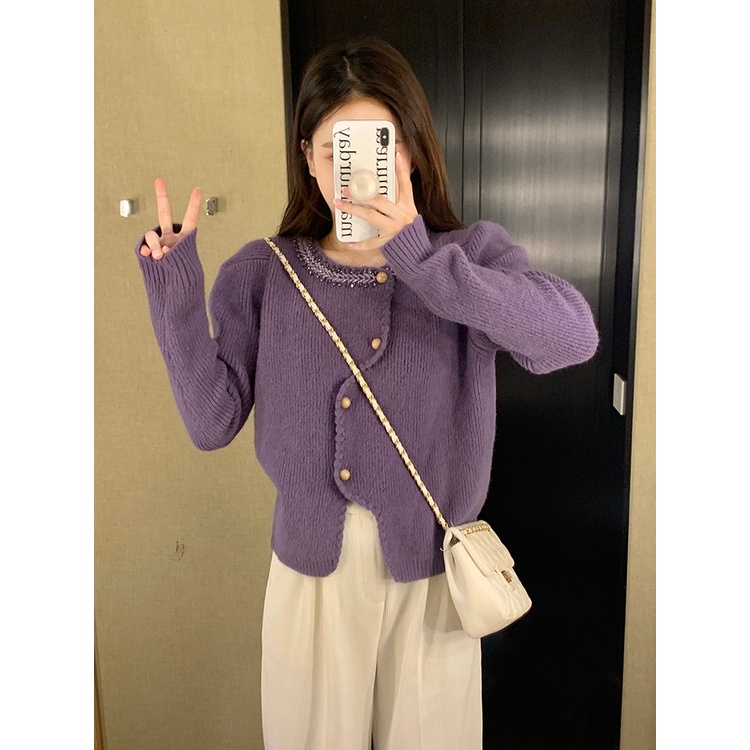 ZHELIHANGFEI Áo len dệt kim nữ tay dài cổ tim cao eo ngọt ngào áo len không đều
