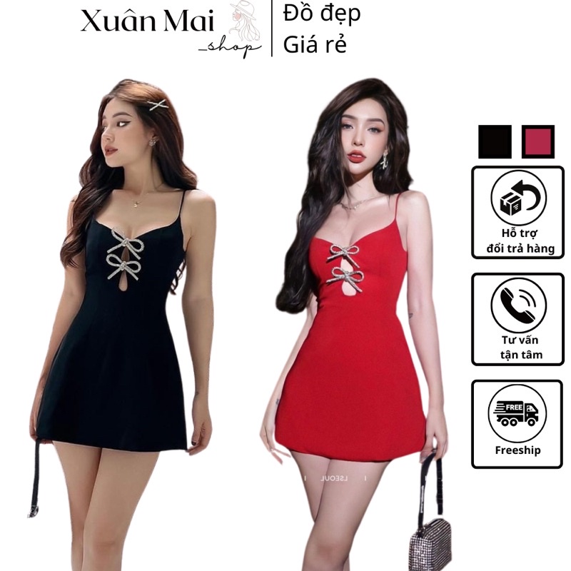Đầm xoè chữ A hai dây hở ngực đính nơ bling bling dự tiệc, mặc Noel Tết siêu sang chảnh
