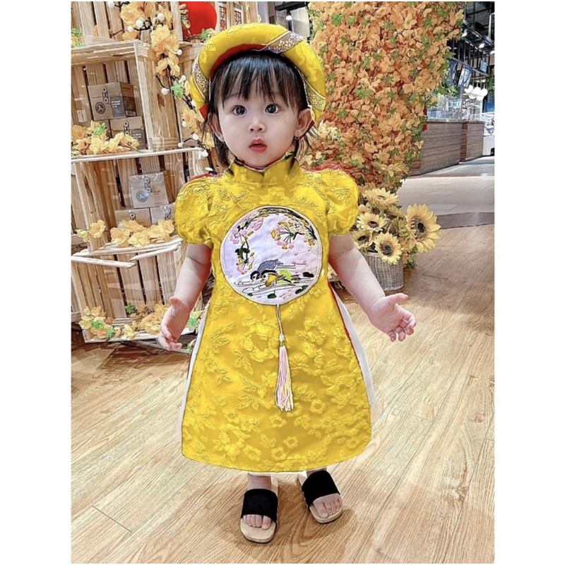 Áo dài cách Tân thêu hoa kèm chân váy trắng tặng mắn siêu xinh cho bé gái - Bm_babyshop68