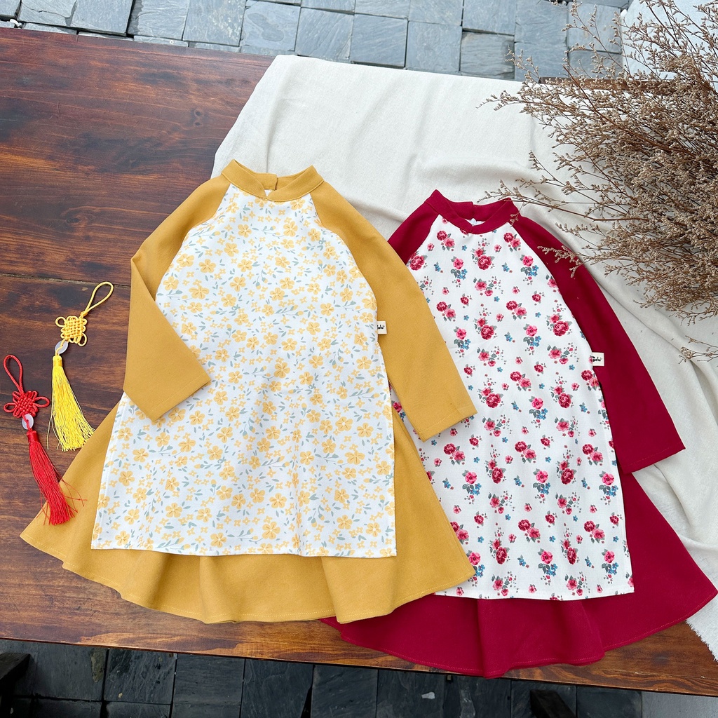 Áo dài cách tân cho bé gái GELU KIDS chất liệu nhung text Hàn, váy đầm đi chơi, mặc tết, size cho trẻ từ 9-27kg - B092