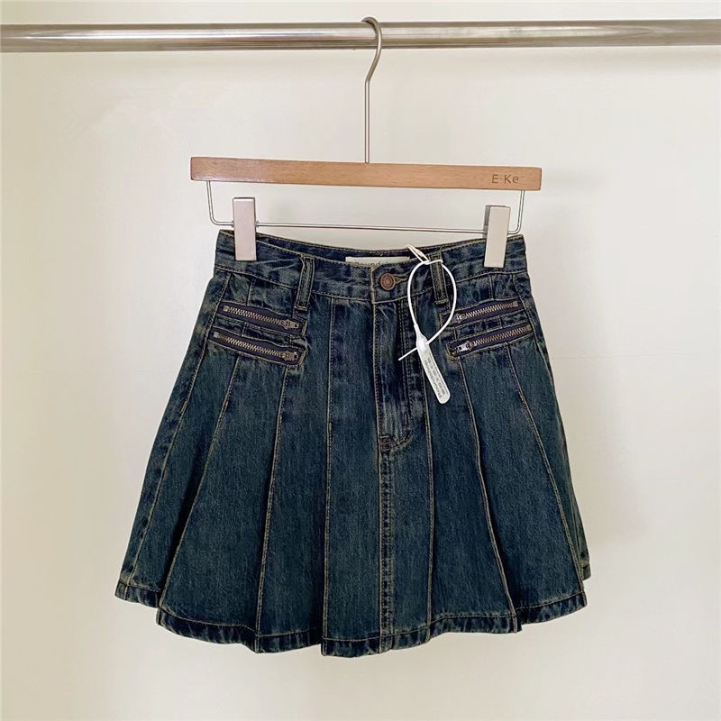 Chân váy bigsize (S-3XL) loại 1, chân váy jean xếp ly hông, phong cách retro.
